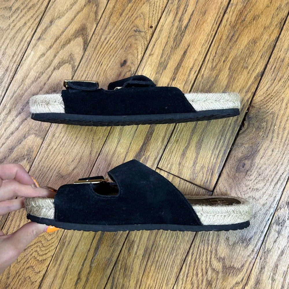 Haute Hippie Style Black Suede Espadrille Slide Sandals Gold Buckle Women 7.5M